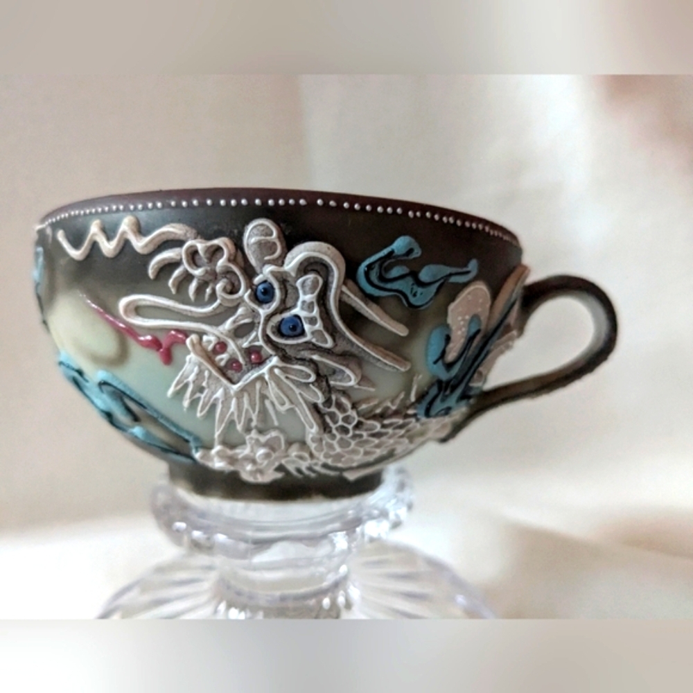 Vintage Lithopane Dragonware Moriage Tea Cup Japan Hand Painted
